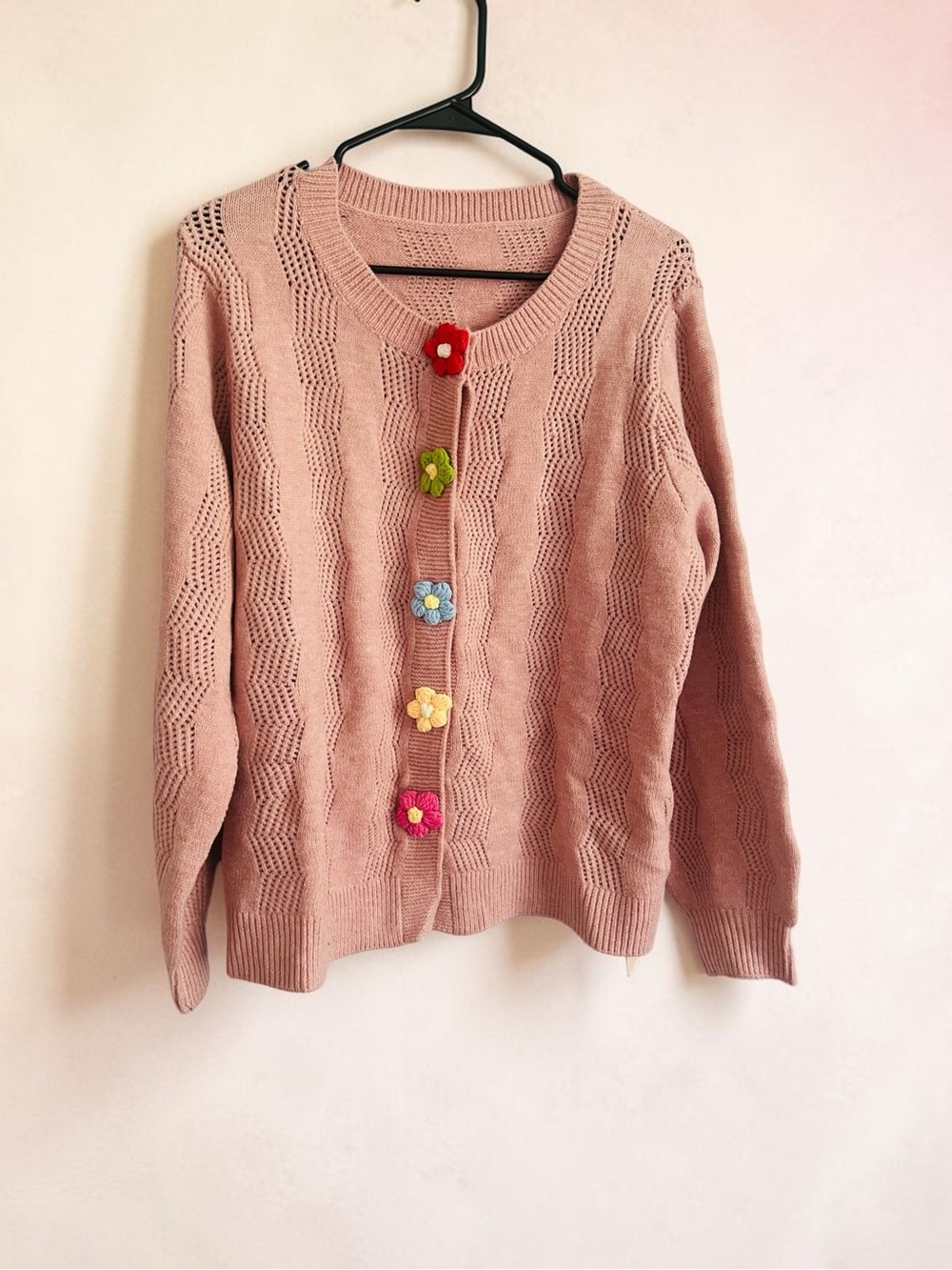 BloomChic Dusty Pink Knit Cardigan with Multicolor Flower Buttons